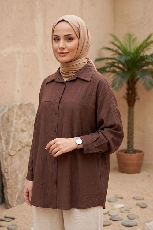 Kadın Kahverengi Tesettür Tunik Gömlek Düğmeli Rahat Kalıp Yazlık Kadın Trend Şık Tesettür Tunik