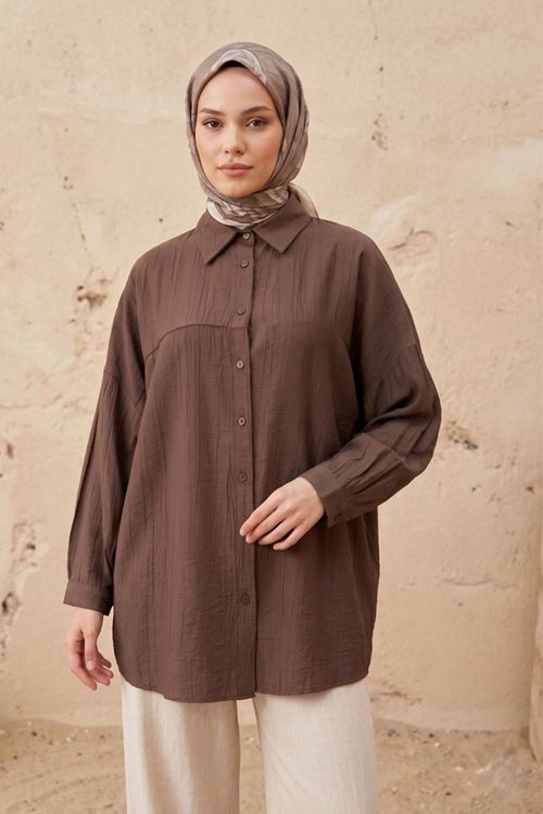 Kadın Kahverengi Tesettür Tunik Gömlek Düğmeli Rahat Kalıp Yazlık Kadın Trend Şık Tesettür Tunik