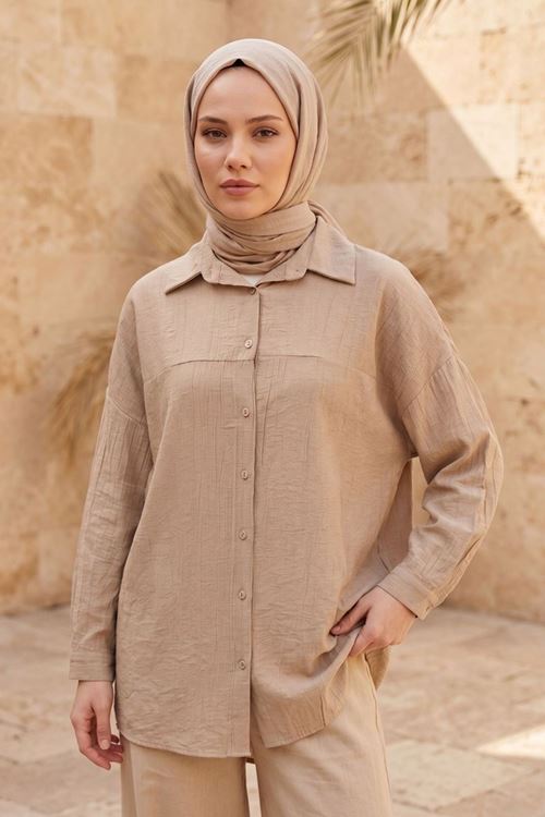 Kadın Vizon Tesettür Tunik Gömlek Düğmeli Rahat Kalıp Yazlık Kadın Trend Şık Tesettür Tunik