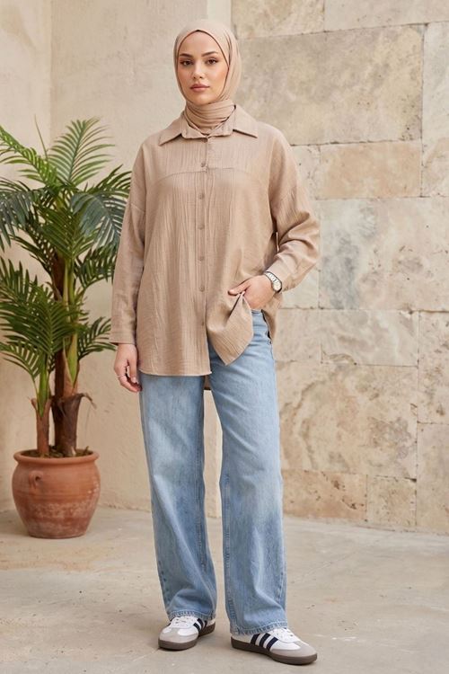 Kadın Vizon Tesettür Tunik Gömlek Düğmeli Rahat Kalıp Yazlık Kadın Trend Şık Tesettür Tunik