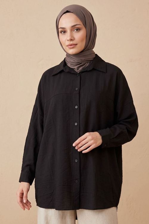 Kadın Siyah Tesettür Tunik Gömlek Düğmeli Rahat Kalıp Yazlık Kadın Trend Şık Tesettür Tunik