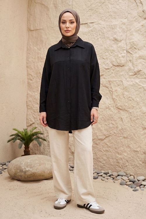 Kadın Siyah Tesettür Tunik Gömlek Düğmeli Rahat Kalıp Yazlık Kadın Trend Şık Tesettür Tunik