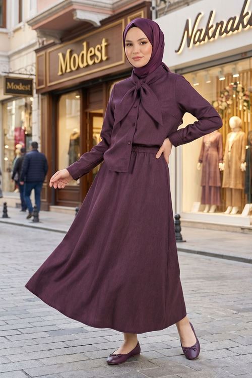 Kadın Bordo Yaka Fiyonk Bağlama Detaylı Etekli Gömlek Tunik Tesettür İkili Takım