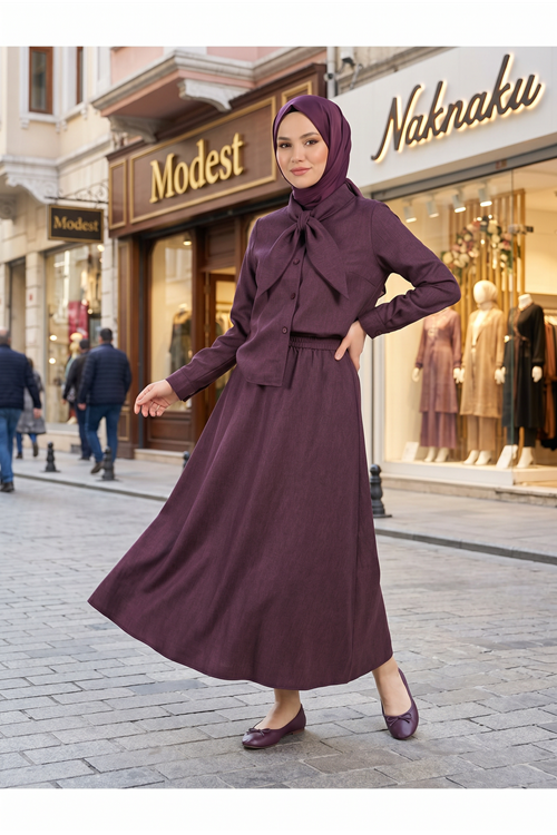 Kadın Bordo Yaka Fiyonk Bağlama Detaylı Etekli Gömlek Tunik Tesettür İkili Takım