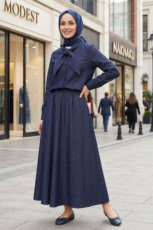 Kadın Lacivert Yaka Fiyonk Bağlama Detaylı Etekli Gömlek Tunik Tesettür İkili Takım