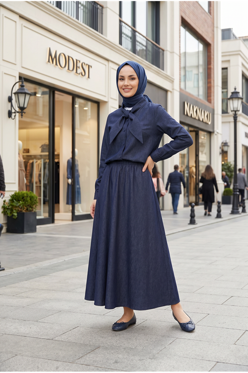 Kadın Lacivert Yaka Fiyonk Bağlama Detaylı Etekli Gömlek Tunik Tesettür İkili Takım