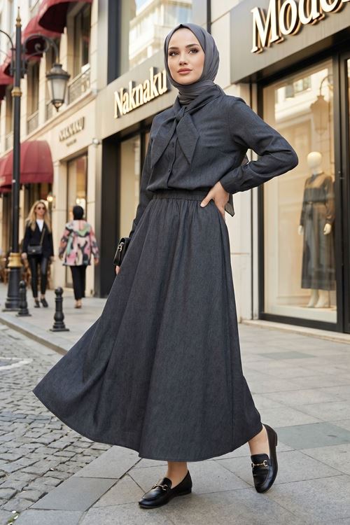 Kadın Siyah Yaka Fiyonk Bağlama Detaylı Etekli Gömlek Tunik Tesettür İkili Takım
