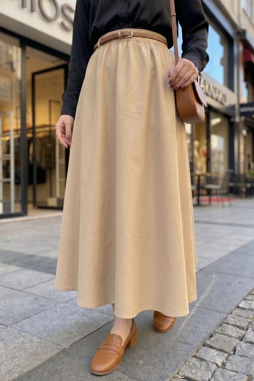 Kadın Bej Beli Lastikli Kemer Detay Terikoton Yazlık Trend Şık Tesettür Etek