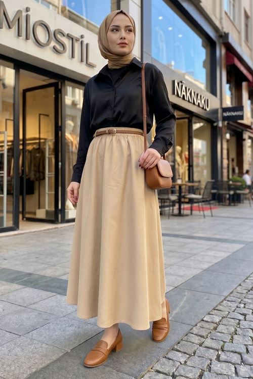 Kadın Bej Beli Lastikli Kemer Detay Terikoton Yazlık Trend Şık Tesettür Etek