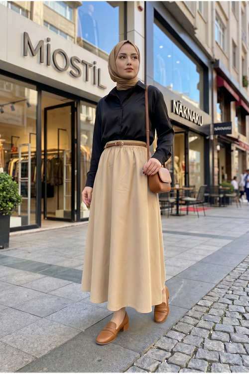 Kadın Bej Beli Lastikli Kemer Detay Terikoton Yazlık Trend Şık Tesettür Etek