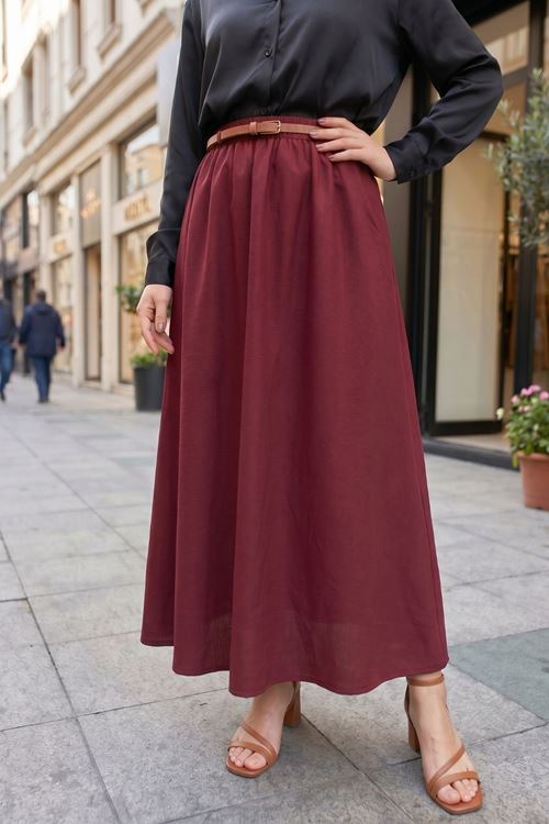 Kadın Bordo Beli Lastikli Kemer Detay Terikoton Yazlık Trend Şık Tesettür Etek