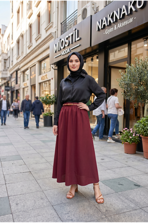 Kadın Bordo Beli Lastikli Kemer Detay Terikoton Yazlık Trend Şık Tesettür Etek