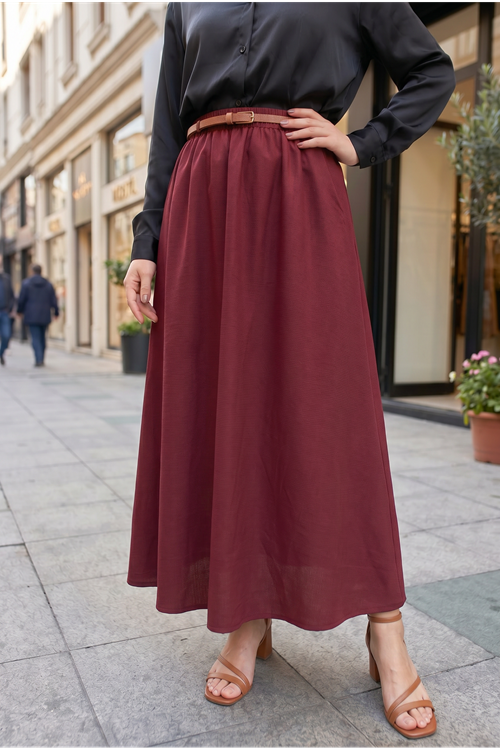 Kadın Bordo Beli Lastikli Kemer Detay Terikoton Yazlık Trend Şık Tesettür Etek