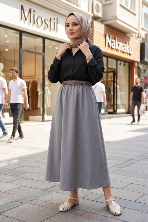 Kadın Gri Beli Lastikli Kemer Detay Terikoton Yazlık Trend Şık 90 CM Tesettür Etek