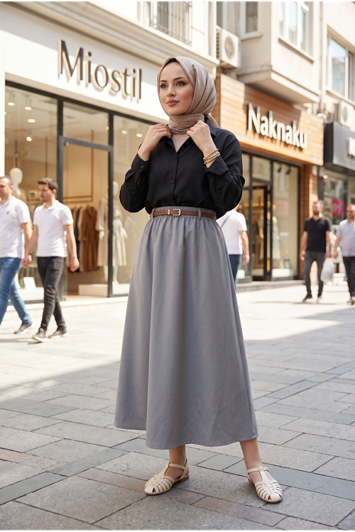 Kadın Gri Beli Lastikli Kemer Detay Terikoton Yazlık Trend Şık 90 CM Tesettür Etek
