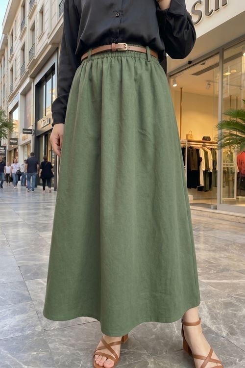 Kadın Haki Beli Lastikli Kemer Detay Terikoton Yazlık Trend Şık 90 CM Tesettür Etek