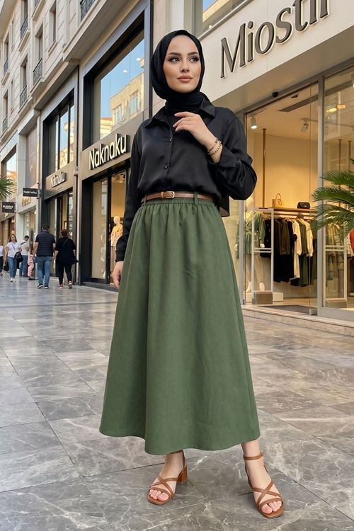 Kadın Haki Beli Lastikli Kemer Detay Terikoton Yazlık Trend Şık 90 CM Tesettür Etek