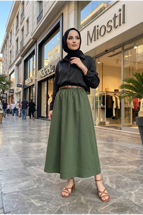 Kadın Haki Beli Lastikli Kemer Detay Terikoton Yazlık Trend Şık 90 CM Tesettür Etek