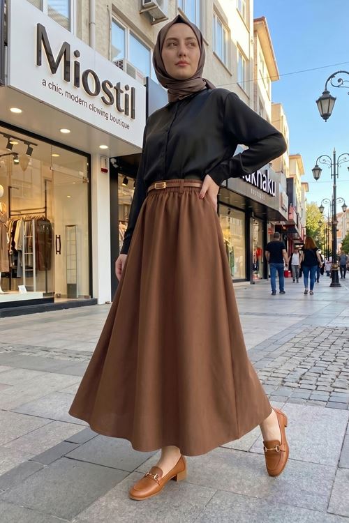 Kadın Kahverengi Beli Lastikli Kemer Detay Terikoton Yazlık Trend Şık 90 CM Tesettür Etek
