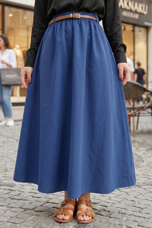 Kadın Lacivert Beli Lastikli Kemer Detay Terikoton Yazlık Trend Şık 90 CM Tesettür Etek