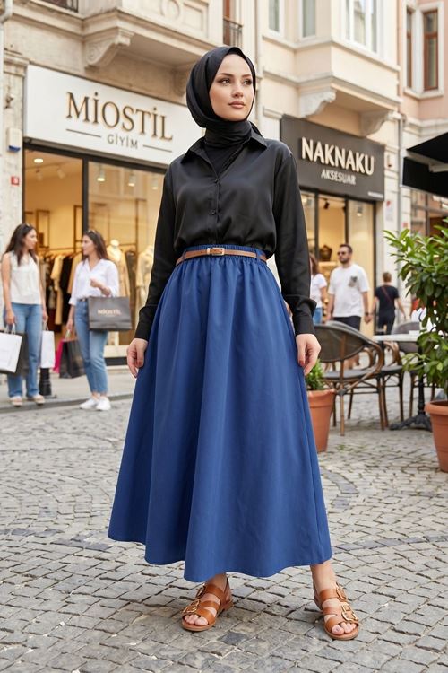 Kadın Lacivert Beli Lastikli Kemer Detay Terikoton Yazlık Trend Şık 90 CM Tesettür Etek