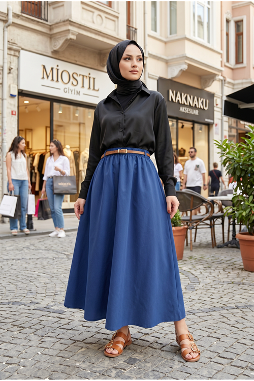 Kadın Lacivert Beli Lastikli Kemer Detay Terikoton Yazlık Trend Şık 90 CM Tesettür Etek