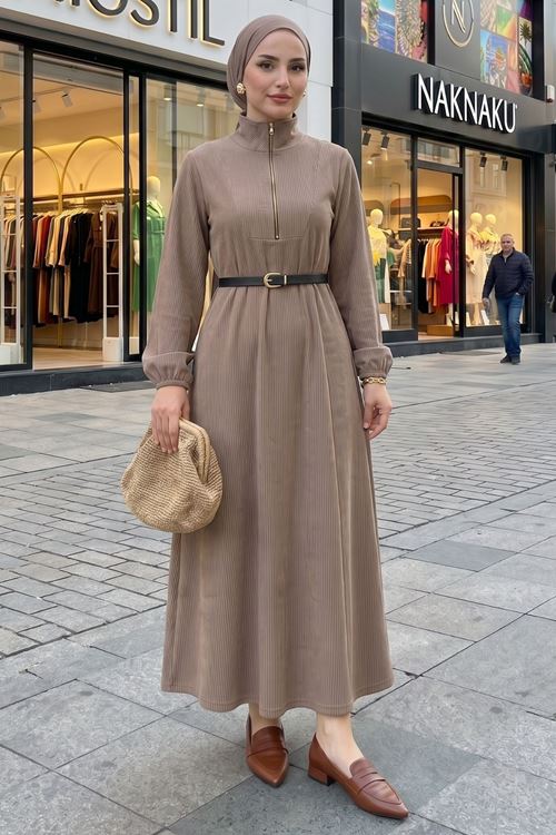 Kadın Vizon Fitilli Kumaş Dik Yaka Fermuarlı Uzun Tesettür Elbise Günlük Rahat Kalıp Kadın Elbise