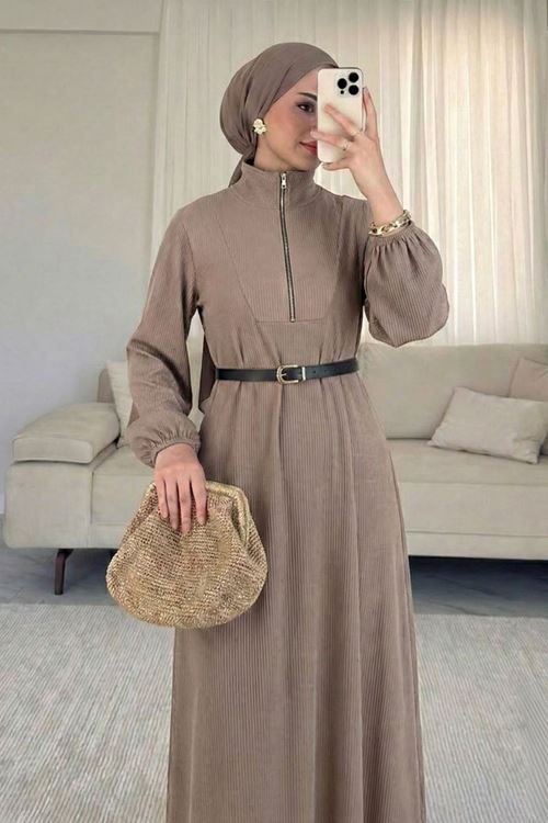 Kadın Vizon Fitilli Kumaş Dik Yaka Fermuarlı Uzun Tesettür Elbise Günlük Rahat Kalıp Kadın Elbise