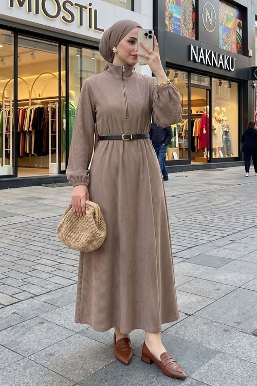 Kadın Vizon Fitilli Kumaş Dik Yaka Fermuarlı Uzun Tesettür Elbise Günlük Rahat Kalıp Kadın Elbise