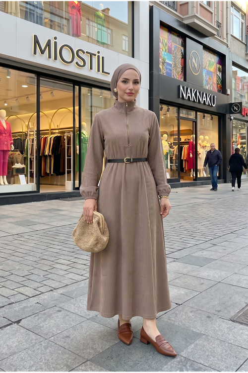 Kadın Vizon Fitilli Kumaş Dik Yaka Fermuarlı Uzun Tesettür Elbise Günlük Rahat Kalıp Kadın Elbise