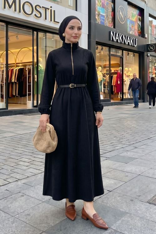 Kadın Siyah Fitilli Kumaş Dik Yaka Fermuarlı Uzun Tesettür Elbise Günlük Rahat Kalıp Kadın Elbise