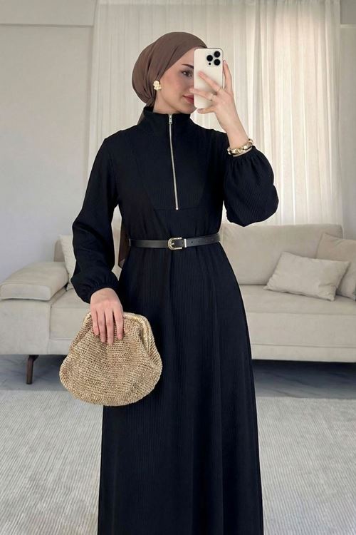 Kadın Siyah Fitilli Kumaş Dik Yaka Fermuarlı Uzun Tesettür Elbise Günlük Rahat Kalıp Kadın Elbise