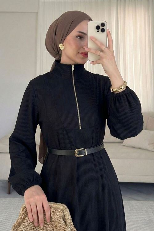 Kadın Siyah Fitilli Kumaş Dik Yaka Fermuarlı Uzun Tesettür Elbise Günlük Rahat Kalıp Kadın Elbise