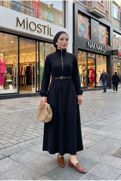 Kadın Siyah Fitilli Kumaş Dik Yaka Fermuarlı Uzun Tesettür Elbise Günlük Rahat Kalıp Kadın Elbise