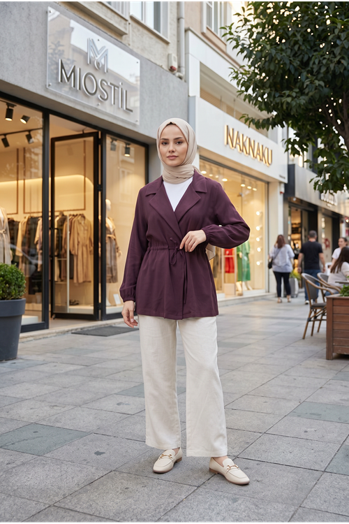 Kadın Bordo Tesettür Ceket Belden Bağcıklı Mevsimlik İnce Kumaş Rahat Kalıp Kadın Ceket