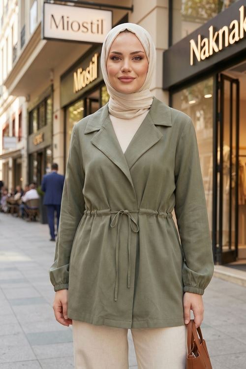 Kadın Haki Tesettür Ceket Belden Bağcıklı Mevsimlik İnce Kumaş Rahat Kalıp Kadın Ceket