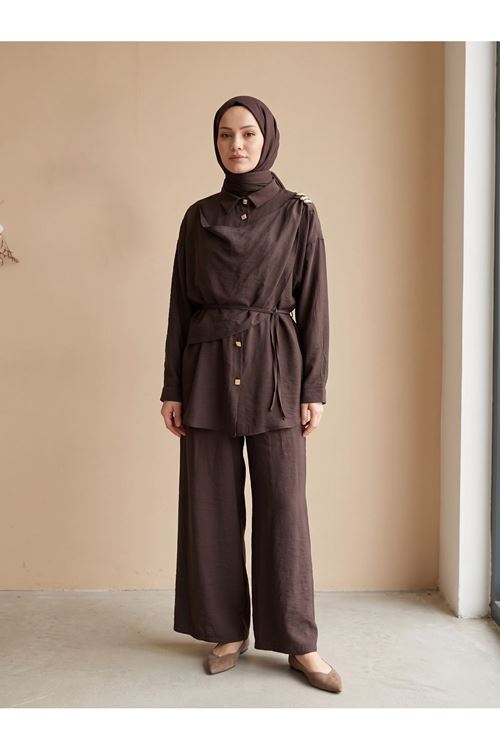 Omuz Toka Detay Aller Pantolonlu Takım-Kahve