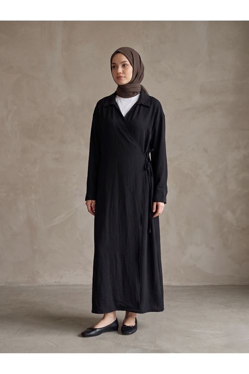 Yakalı Yandan Bağlamalı Uzun Ceket-Siyah