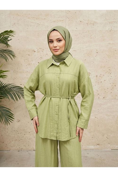 Kadın Yeni Sezon Kuşaklı İkili Tesettür Takım Yağ Yeşili Renk Rahat Kalıp Yazlık Kadın Tesettür Takım
