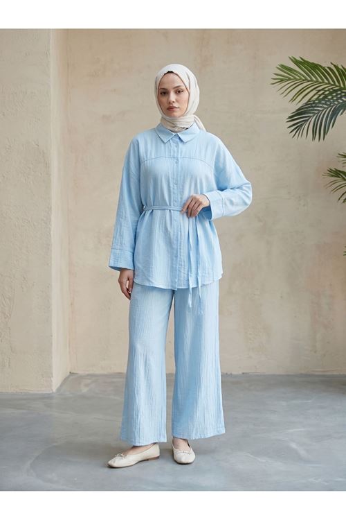 Kadın Yeni Sezon Kuşaklı İkili Tesettür Takım Bebe Mavisi Renk Rahat Kalıp Yazlık Kadın Tesettür Takım