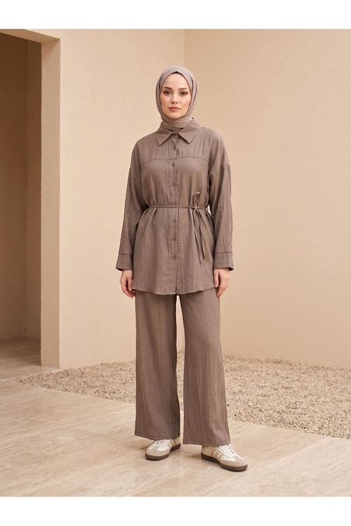 Kadın Yeni Sezon Kuşaklı İkili Tesettür Takım Duman Renk Rahat Kalıp Yazlık Kadın Tesettür Takım