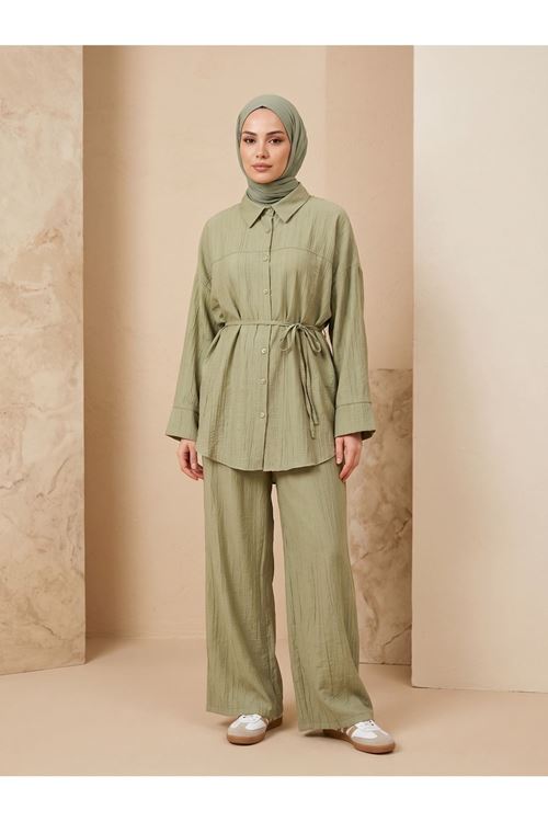 Kadın Yeni Sezon Kuşaklı İkili Tesettür Takım Haki Renk Rahat Kalıp Yazlık Kadın Tesettür Takım