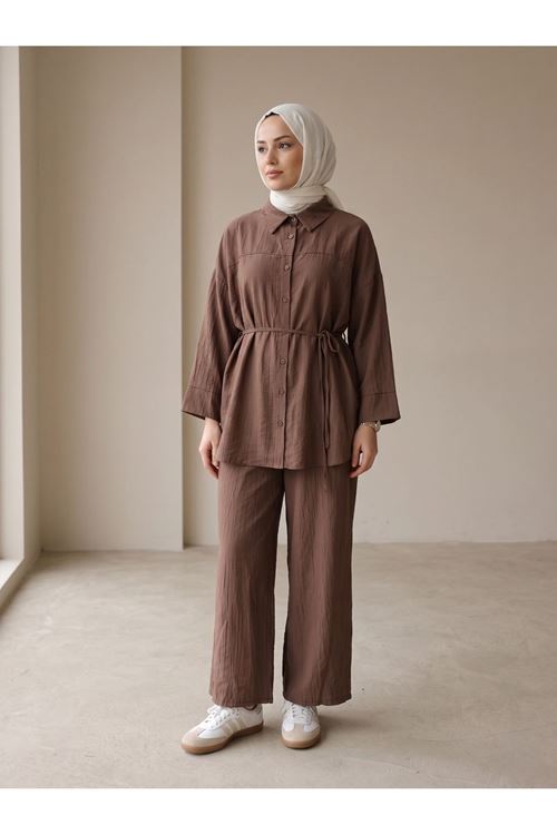 Kadın Yeni Sezon Kuşaklı İkili Tesettür Takım Kahve Renk Rahat Kalıp Yazlık Kadın Tesettür Takım