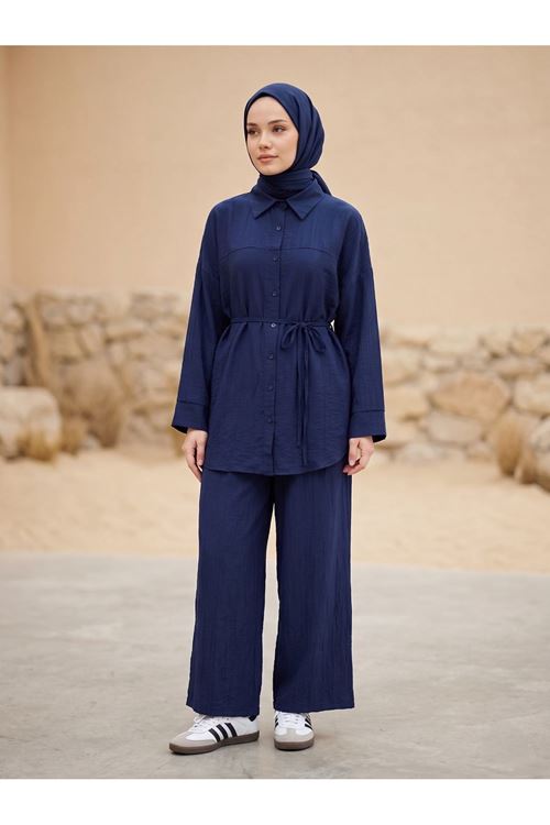 Kadın Yeni Sezon Kuşaklı İkili Tesettür Takım Lacivert Renk Rahat Kalıp Yazlık Kadın Tesettür Takım