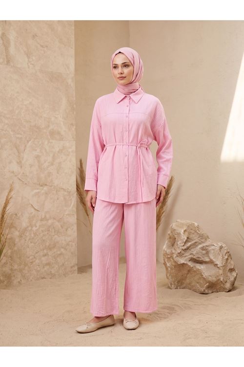Kadın Yeni Sezon Kuşaklı İkili Tesettür Takım Pembe Renk Rahat Kalıp Yazlık Kadın Tesettür Takım