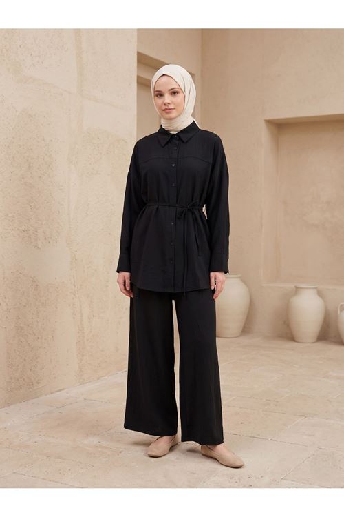 Kadın Yeni Sezon Kuşaklı İkili Tesettür Takım Siyah Renk Rahat Kalıp Yazlık Kadın Tesettür Takım