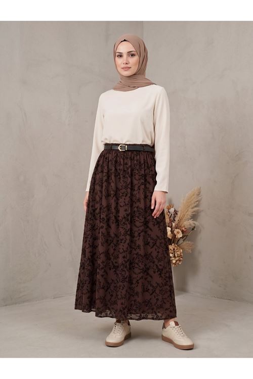 Flok Baskı Etek-Kahve