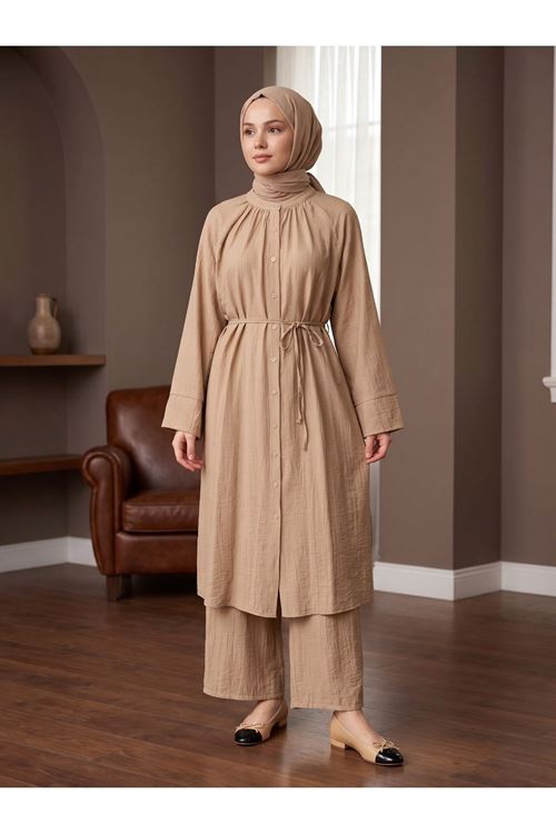 Hakim Yaka Uzun Pantolonlu Takım-Vizon