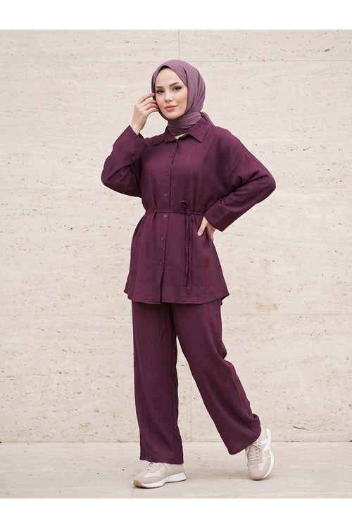 Takma Manşet Pantolonlu Takım-Bordo