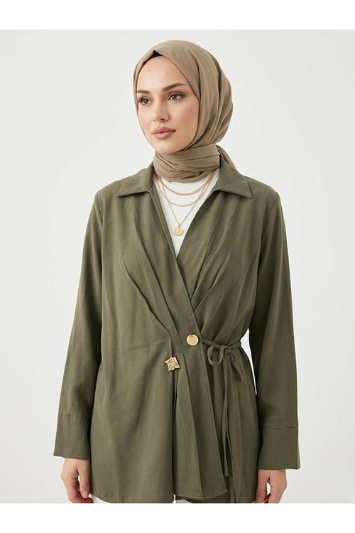 Çift Düğmeli Bağcıklı Tunik-Haki